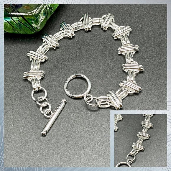 Sterling Silver 925 Double Bar Crosshatch Chain Bracelet #1175 - Picture 1 of 5